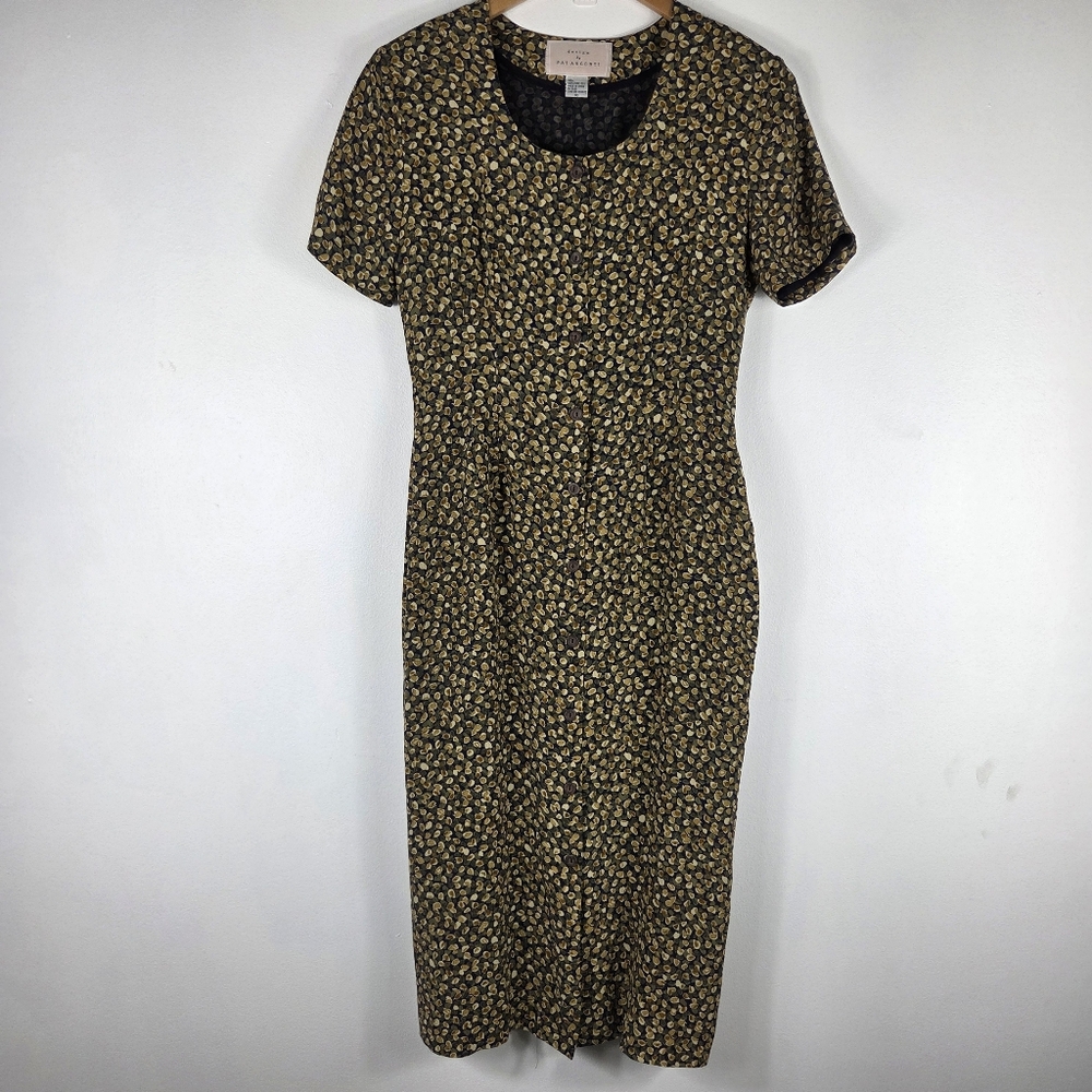 Pat Argenti Vintage 90s Ditsy Floral Ribbed Button Up Midi Sheath Dress